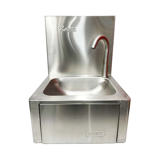 Commercial Stainless Steel Plain Knee Press Hand Wash Sink With Back Upstand & Tap Width 33 Cm