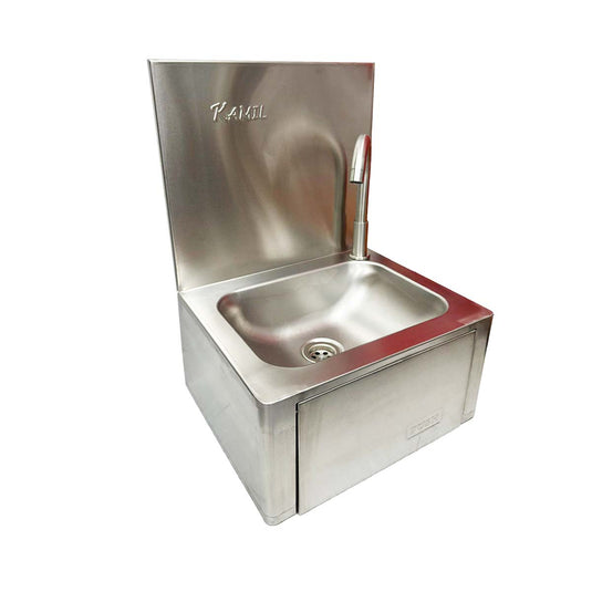 Commercial Stainless Steel Plain Knee Press Hand Wash Sink With Back Upstand & Tap Width 33 Cm