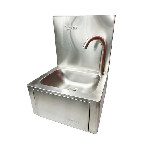 Commercial Stainless Steel Plain Knee Press Hand Wash Sink With Back Upstand & Tap Width 33 Cm