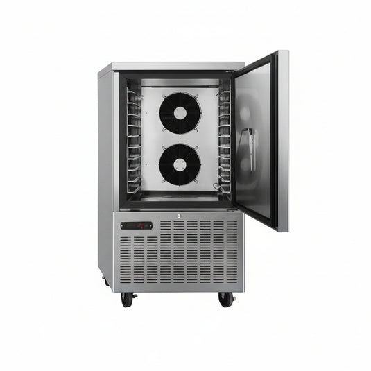 Commercial freezer with open door on a white background