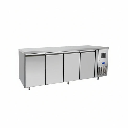 Stainless steel refrigerator with four doors on a white background