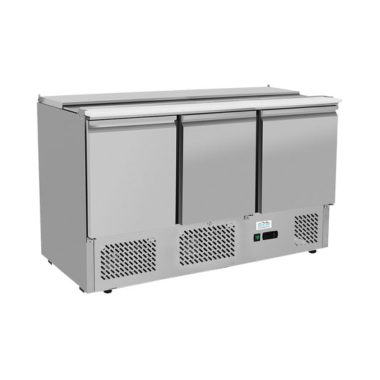 Stainless steel refrigeration unit with three doors on a white background