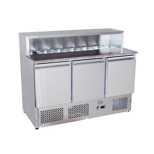 Stainless steel refrigerated counter with food preparation area with 3 doors on a white background