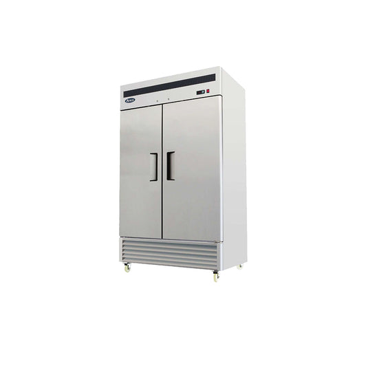 Stainless steel commercial refrigerator on a white background