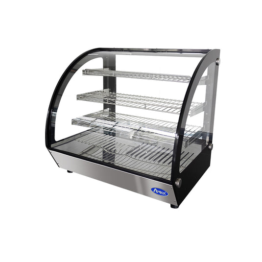 Display case with glass front and metal shelves on a white background