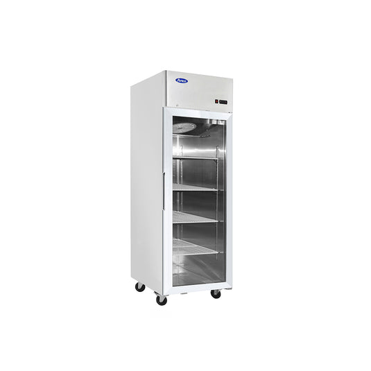 White commercial refrigerator with glass door on a white background