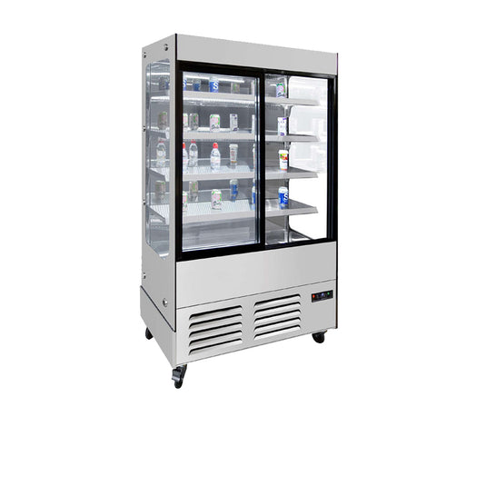Commercial refrigerator with sliding glass doors with four locking wheels on a white background