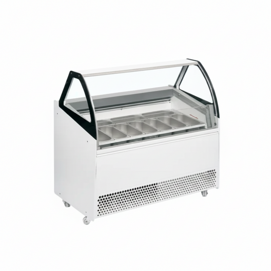 A white commercial food display case with a curved glass dome lid, stainless steel tray compartments, and a perforated metal vent on the lower front, shown on a plain white background.