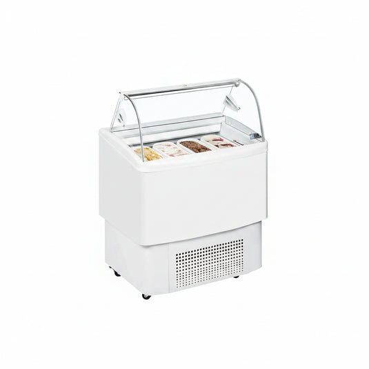 White display freezer with glass door on a white background