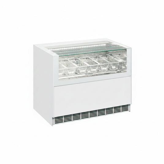 A white commercial icecream display case with a glass top and multiple clear plastic storage bins inside, shown on a plain white background.