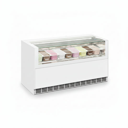 A white commercial ice cream display case with a glass top, showing multiple colorful ice cream cones and cups inside, photographed on a plain white background.