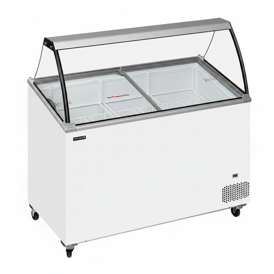 White display freezer with glass front on a white background