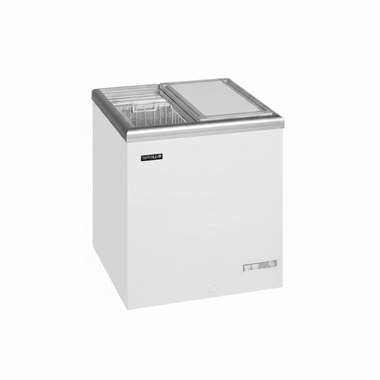 A white chest freezer with a silver stainless steel lid, shown from a three-quarters angle on a plain white background.