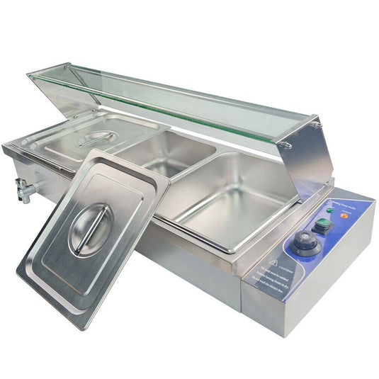 Electric Bain Marie 3 X 1/2 GN Pan Stainless Steel Countertop Food Warmer With Glass