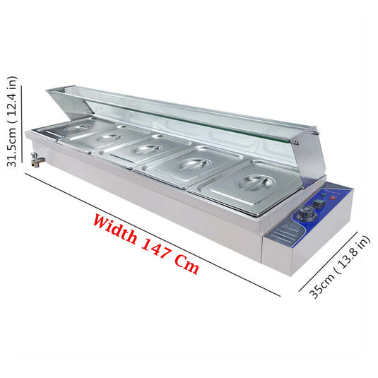 Electric Bain Marie 5 X 1/2 GN Pan Stainless Steel Countertop Food Warmer With Glass
