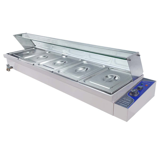 Electric Bain Marie 5 X 1/2 GN Pan Stainless Steel Countertop Food Warmer With Glass