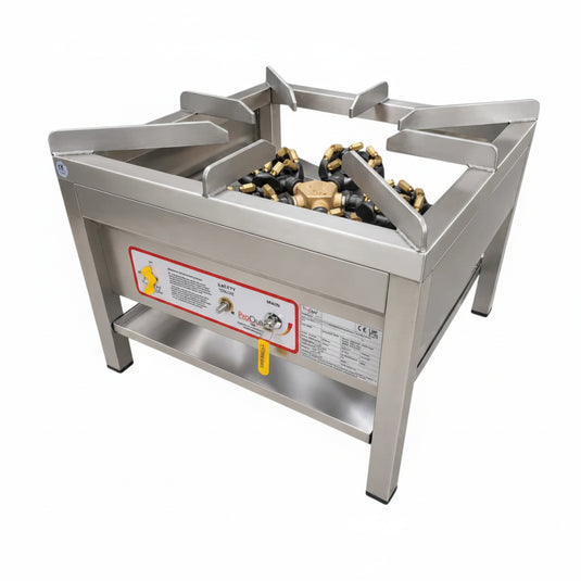 A stainless steel commercial gas burner stove with four burners, visible gas regulators and hoses, and a front safety label, shown on a white background.