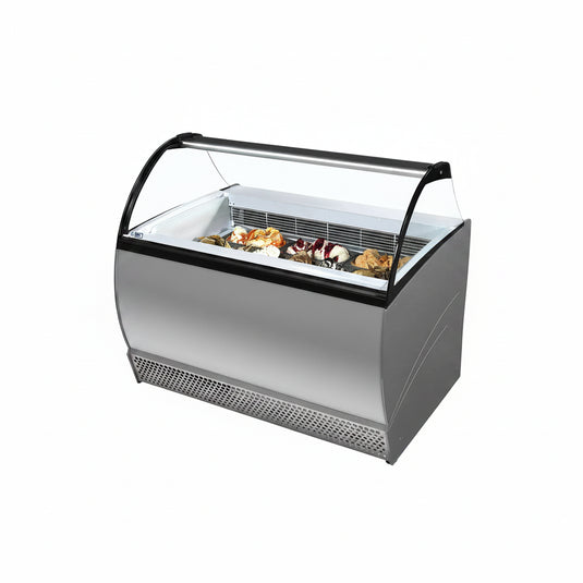 Cold display case with food items on a white background