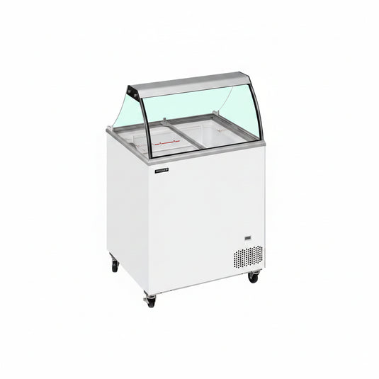 A white commercial chest freezer with a curved glass top and black caster wheels, shown on a plain white background.