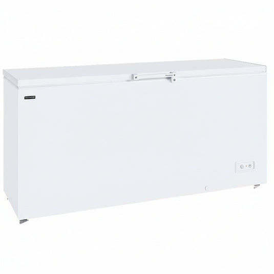A white chest freezer with a top-hinged door and a small black brand label on the left side, shown against a plain white background.