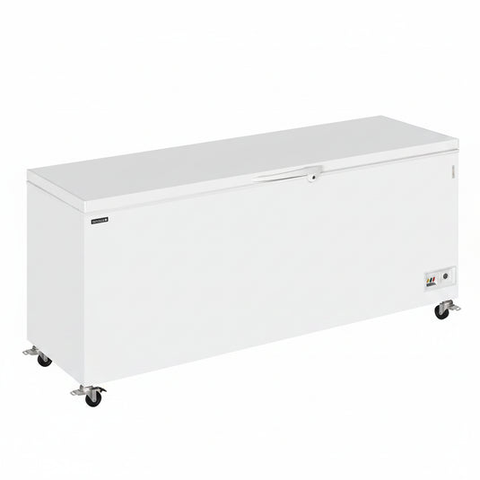 White freezer on wheels with a white background