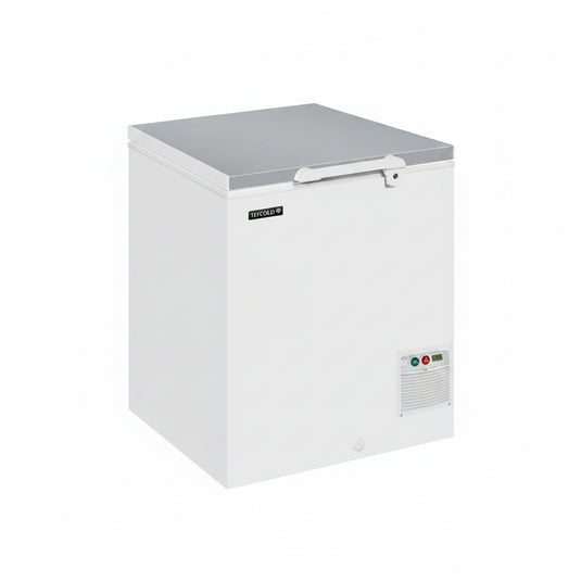 A white chest freezer with a silver-gray lid, shown at a three-quarter angle on a plain white background.