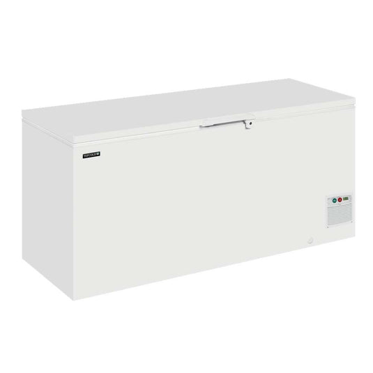A white chest freezer with a top-hinged lid, shown at a three-quarter angle on a plain white background.