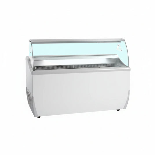 White display icecream fridge,freezer case with glass front on a white background