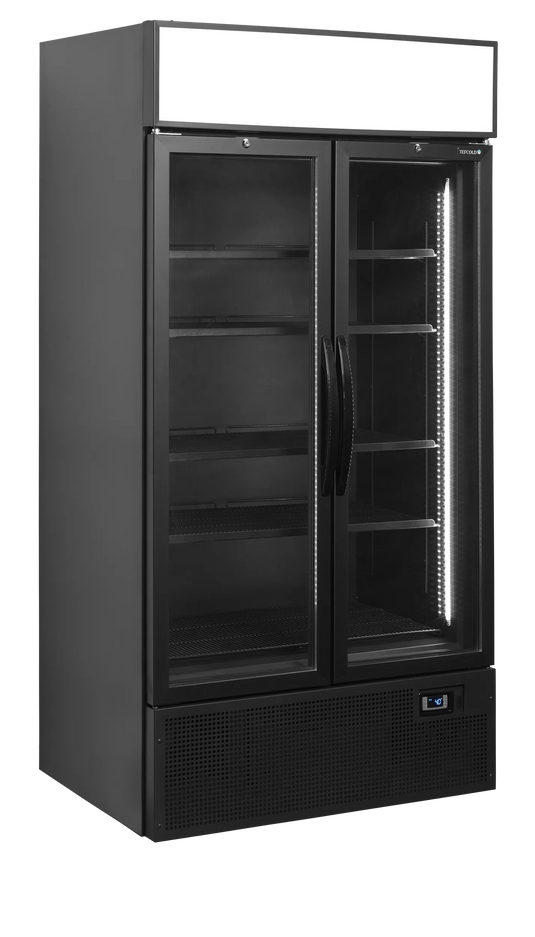 Tefcold Commercial 2 Door Glass Door Merchandiser (2-Door Hinged) 524L | Wide Hinged Door Display Fridge