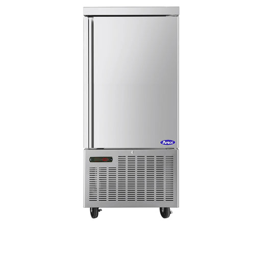 Stainless steel freezer with a brand logo on a white background