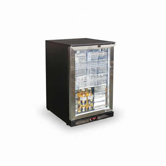 Black refrigerator with glass door displaying bottles on a white background