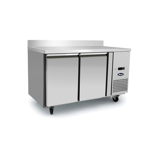 A stainless steel undercounter refrigerator with two front doors, a flat work top, and a side-mounted cooling unit on wheels, shown on a plain white background.