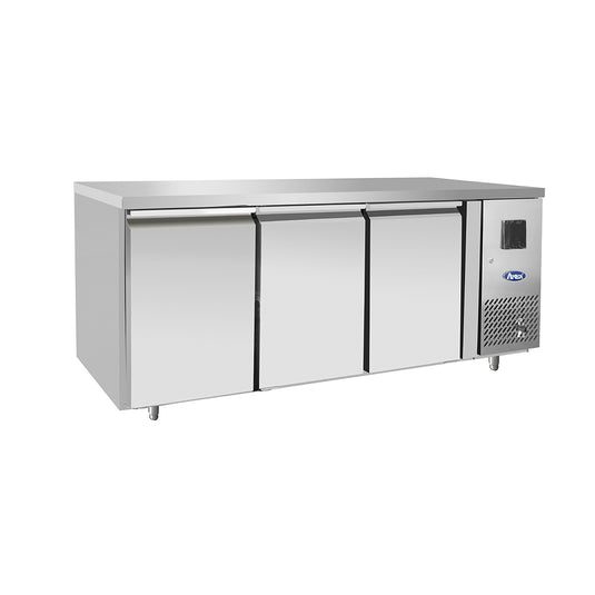 Stainless steel refrigerator with three doors on a white background