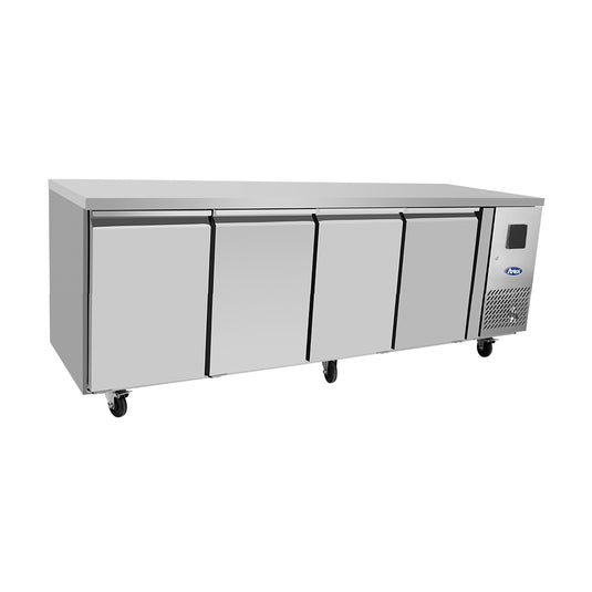 Stainless steel refrigeration unit with multiple doors on a white background