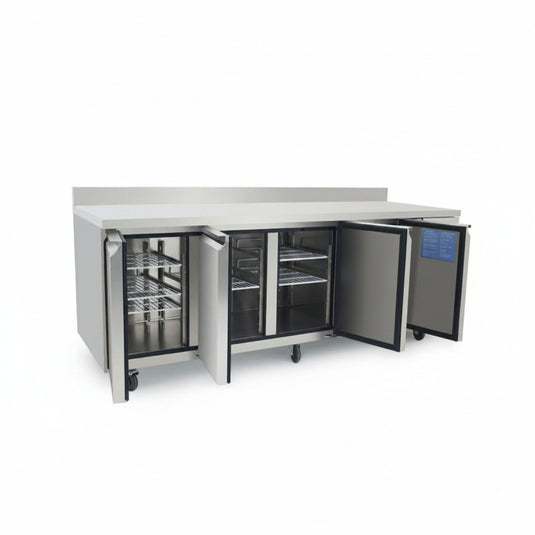 Stainless steel undercounter refrigerator with open doors on a white background