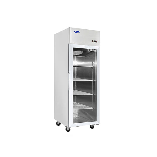 White commercial refrigerator with glass door on a white background