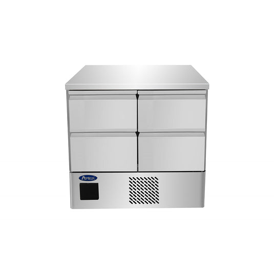 Commercial freezer with a white top and stainless steel sides on a white background