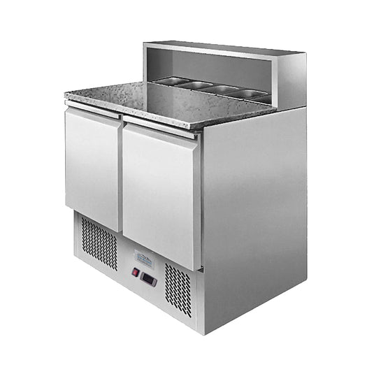 Stainless steel prep table with refrigeration unit on a white background