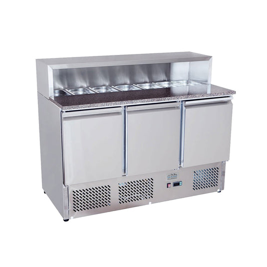 Stainless steel refrigeration unit with food preparation area on a white background