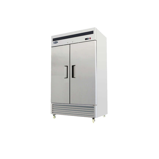 Stainless steel commercial refrigerator on a white background