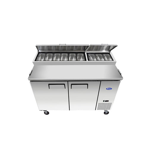 Stainless steel refrigerated counter with two doors on a white background
