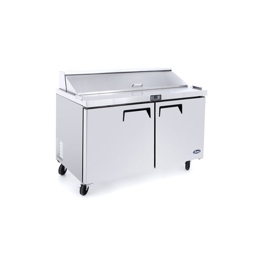 Stainless steel refrigerated counter with two doors on a white background