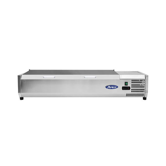 Stainless steel display case with Apeks logo on a white background