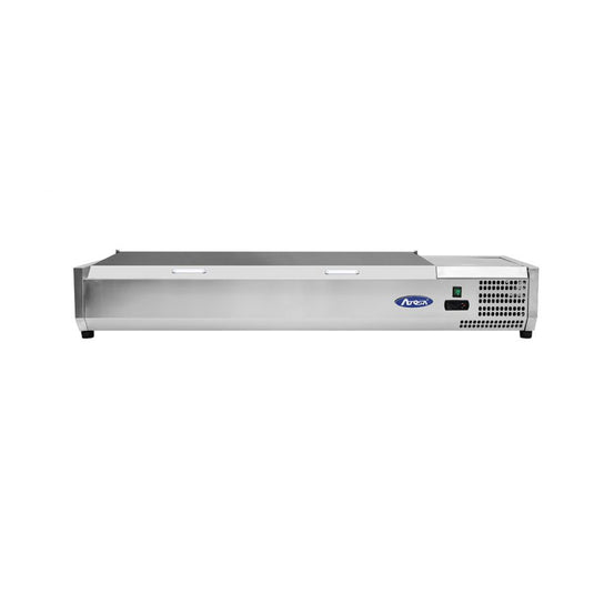 Stainless steel display case with a brand logo on a white background