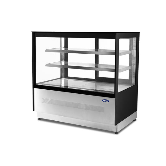 Display case with glass front and black frame on a white background