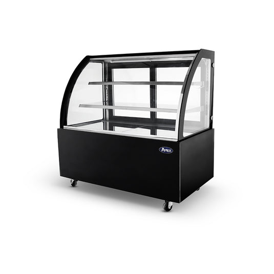 Black display case with glass front on a white background