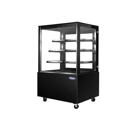 Black display case with glass front on a white background
