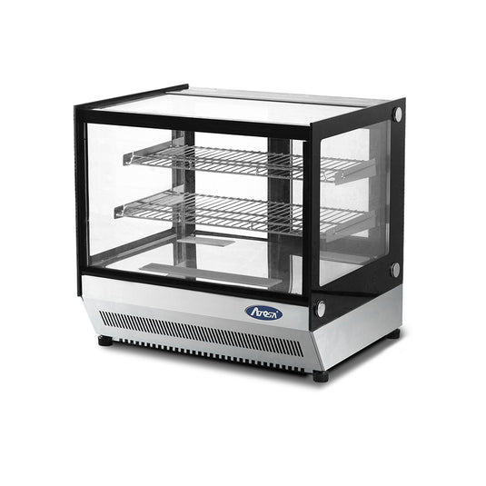 Display case with glass front and metal frame on a white background