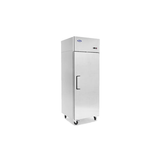 Stainless steel commercial freezer on a white background