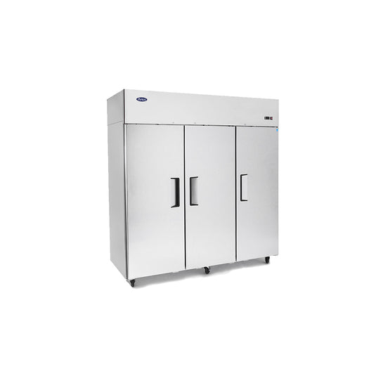 Commercial refrigerator with three doors on a white background